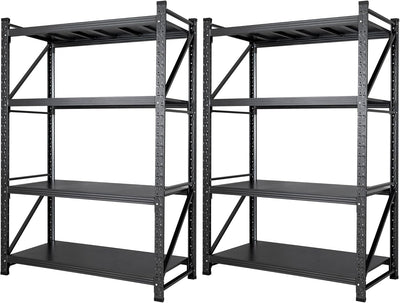 Set of 2 Storage Shelves, 4 Tier Heavy Duty Garage Shelving Units, 48” Wide Rack Shelf, 3000LBS Steel Industrial Shelving, 24” Deep Adjustable Standing Shelf for Warehouse 24" D x 48" W x 70" H Black