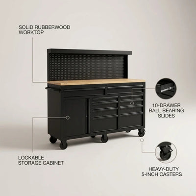 Mobile Workbench Built for Heavy-Duty Storage, 10 Drawers, Pegboard Back Wall, 2000 lb Capacity, Rubber Wood Top