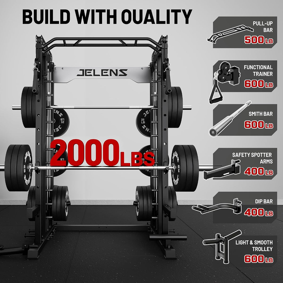 Smith Machine for Home Gym, Multi-Function M12 Power Cage with Cable Crossover System, Squat Rack with Smith Bar and More Attachment