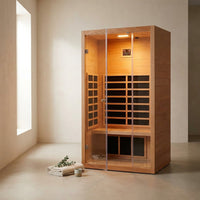 1 Person Extendable FAR Infrared Sauna for Home, Hemlock Wood Low EMF 6 Carbon Heaters Indoor Saunas with LED Lights, Bluetooth Speaker, Digital Control Panel, and Seating Bench — Studio Shot