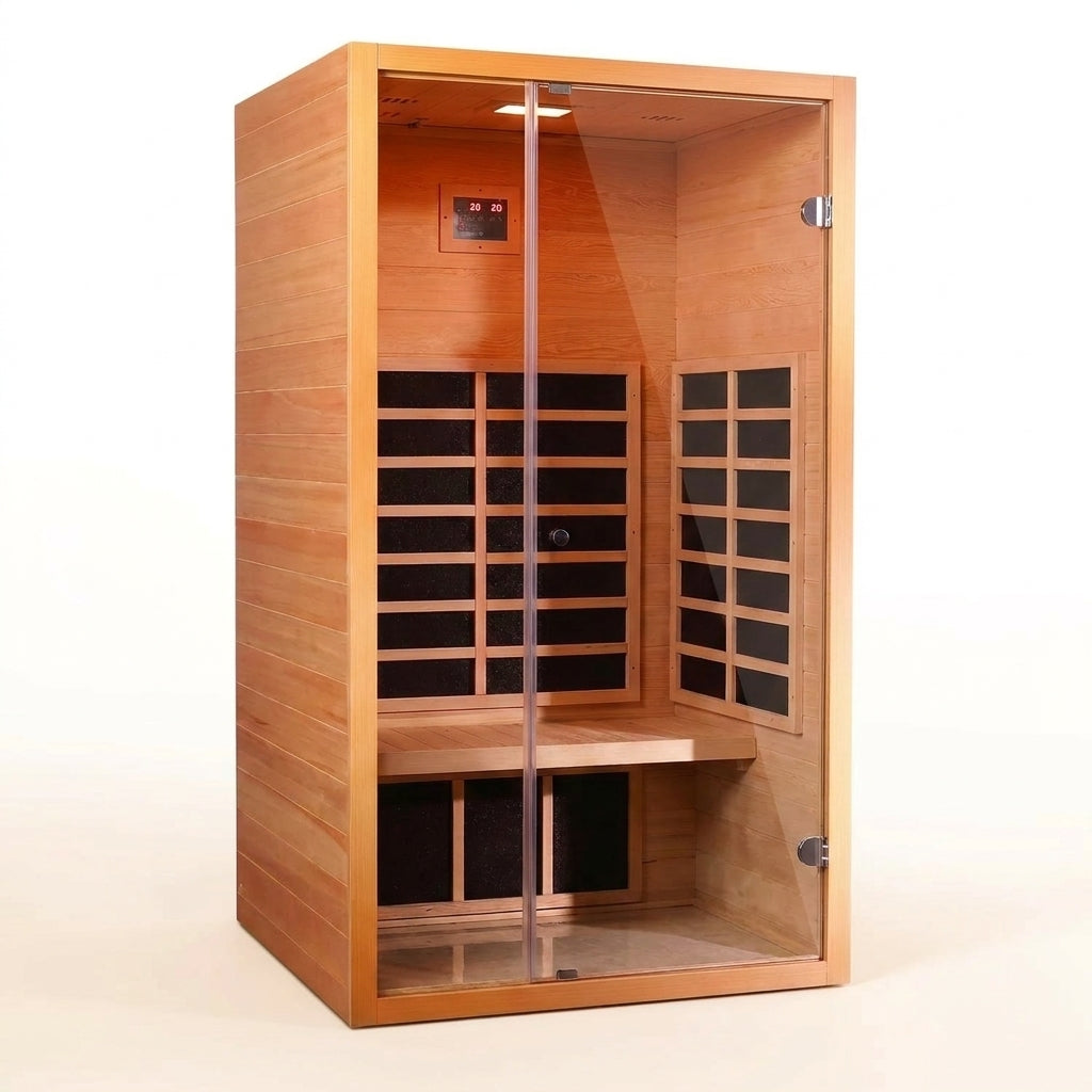 1 Person Extendable FAR Infrared Sauna for Home, Hemlock Wood Low EMF 6 Carbon Heaters Indoor Saunas with LED Lights, Bluetooth Speaker, Digital Control Panel, and Seating Bench — Studio Shot