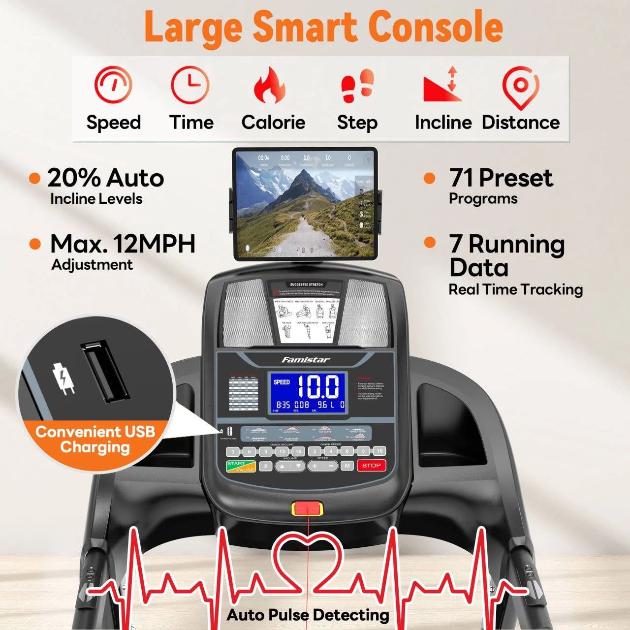 12MPH Folding Treadmill with 20% Auto Incline, 300-400 LB Capacity, Treadmills for Home Running Walking, 5.1HP Brushless Motor, Foldable Electric Treadmill Running Machine with APP & Bluetooth
