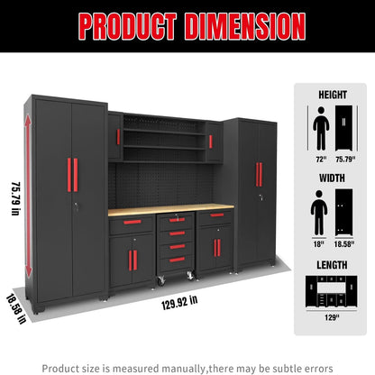 Garage Storage Cabinets System, 8-Pcs Workshop Cabinet Set in Black | Included Steel Cabinets Drawers Rolling Chest and Pegboard,Locked Garage Storage Cabinet