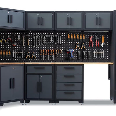 15-Piece Corner Garage Storage Cabinet System - Heavy Duty Workshop Set w/Corner Cabinet Includes Workbench, Pegboard & Lockable Drawers | Metal Tool Organization System for Garage/Workshop