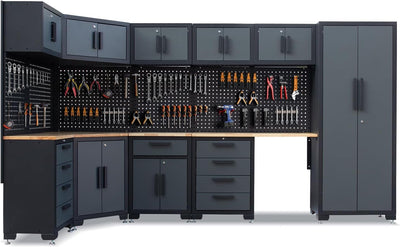 15-Piece Corner Garage Storage Cabinet System - Heavy Duty Workshop Set w/Corner Cabinet Includes Workbench, Pegboard & Lockable Drawers | Metal Tool Organization System for Garage/Workshop