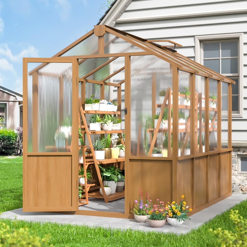 6x8 FT Greenhouse, Wooden Walk-in Greenhouse for Outdoors with 6MM Thick Polycarbonate Panel and Adjustable Roof Vents, Garden Backyard, Patio, Lawn, Wood Colour