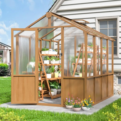 6x8 FT Greenhouse, Wooden Walk-in Greenhouse for Outdoors with 6MM Thick Polycarbonate Panel and Adjustable Roof Vents, Garden Backyard, Patio, Lawn, Wood Colour