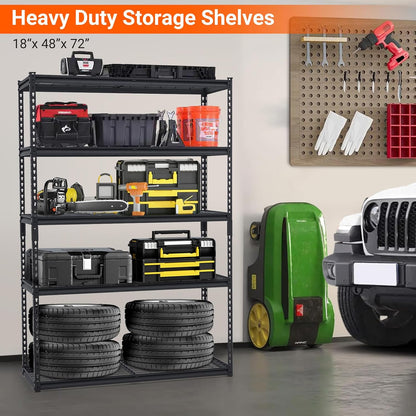 2500 LBS Storage Shelves, 5 Tier Garage Shelving, Heavy Duty, Adjustable Metal Shelving Unit, Industrial Utility Shelf Rack for Garage, Basement, Pantry, 72" H x 48" W x 18" D, Black