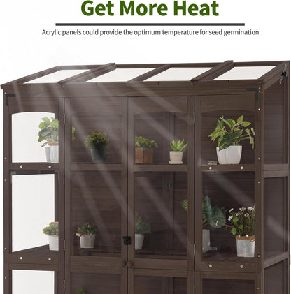 MCombo Wooden Greenhouse, Walk-in Outdoor Greenhouse with Openable Roof and Lockable Door, 0899 (Brown)
