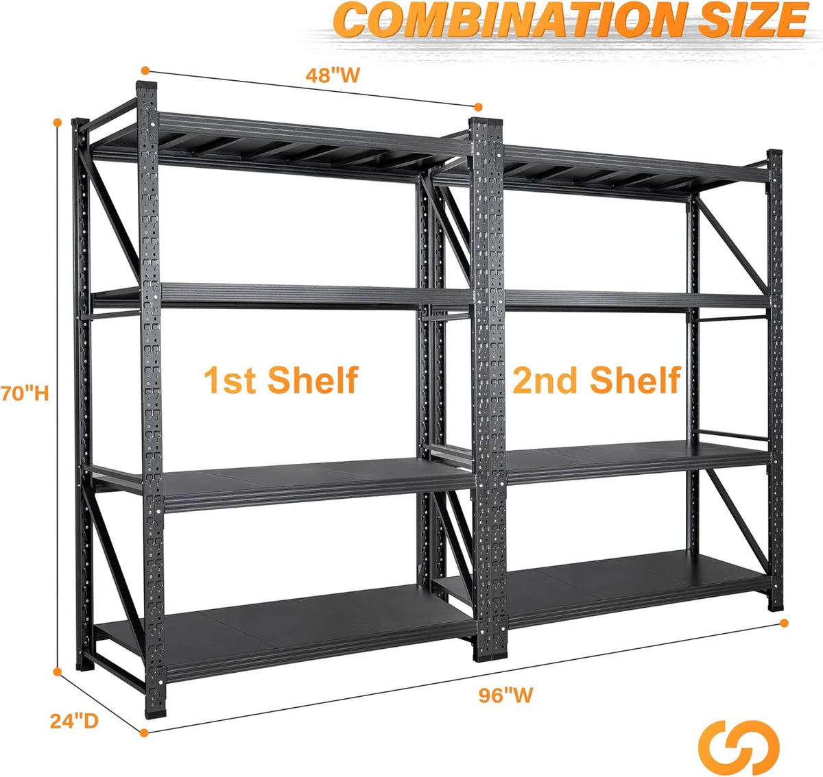 Set of 2 Storage Shelves, 4 Tier Heavy Duty Garage Shelving Units, 48” Wide Rack Shelf, 3000LBS Steel Industrial Shelving, 24” Deep Adjustable Standing Shelf for Warehouse 24" D x 48" W x 70" H Black