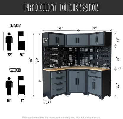 Garage Storage Cabinet System - 8-Piece Set with Corner Cabinet, Drawers, Workbench, Pegboard for Tool Organization - Black and Grey