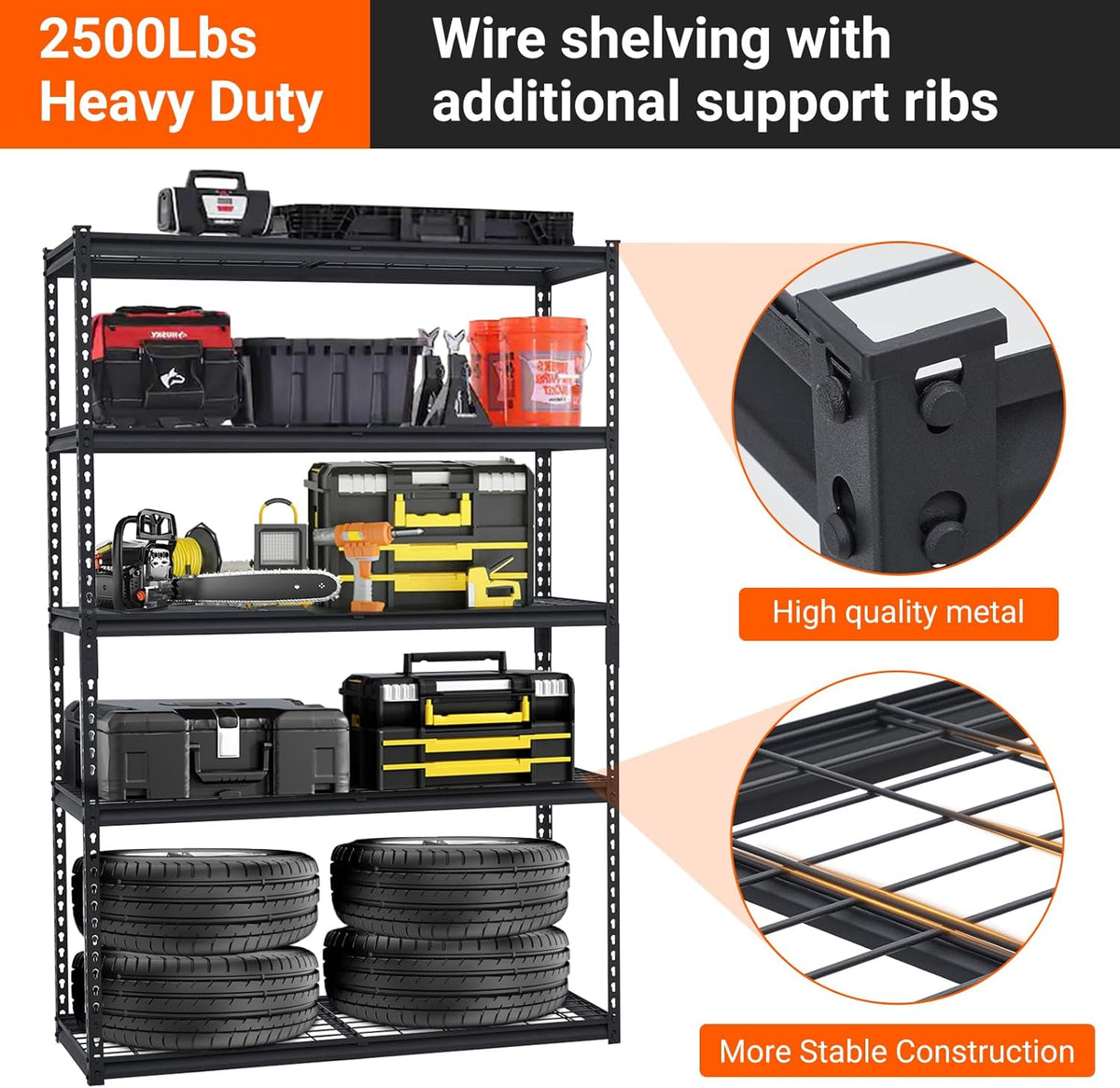 2500 LBS Storage Shelves, 5 Tier Garage Shelving, Heavy Duty, Adjustable Metal Shelving Unit, Industrial Utility Shelf Rack for Garage, Basement, Pantry, 72" H x 48" W x 18" D, Black