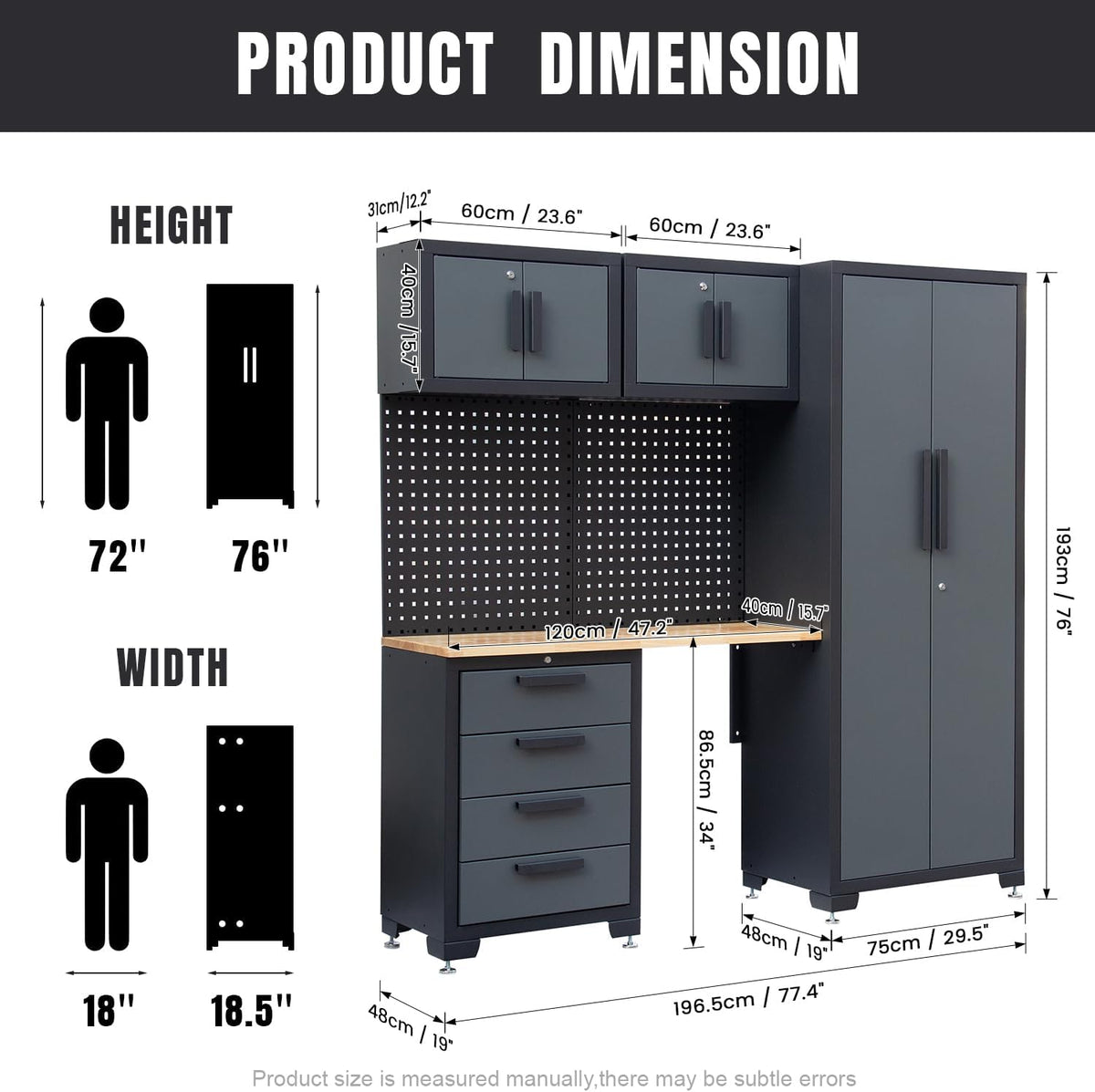 7-Pcs Garage Storage Cabinet System - Workshop Set With Steel Drawers, Workbench, Pegboard for Tool Organization