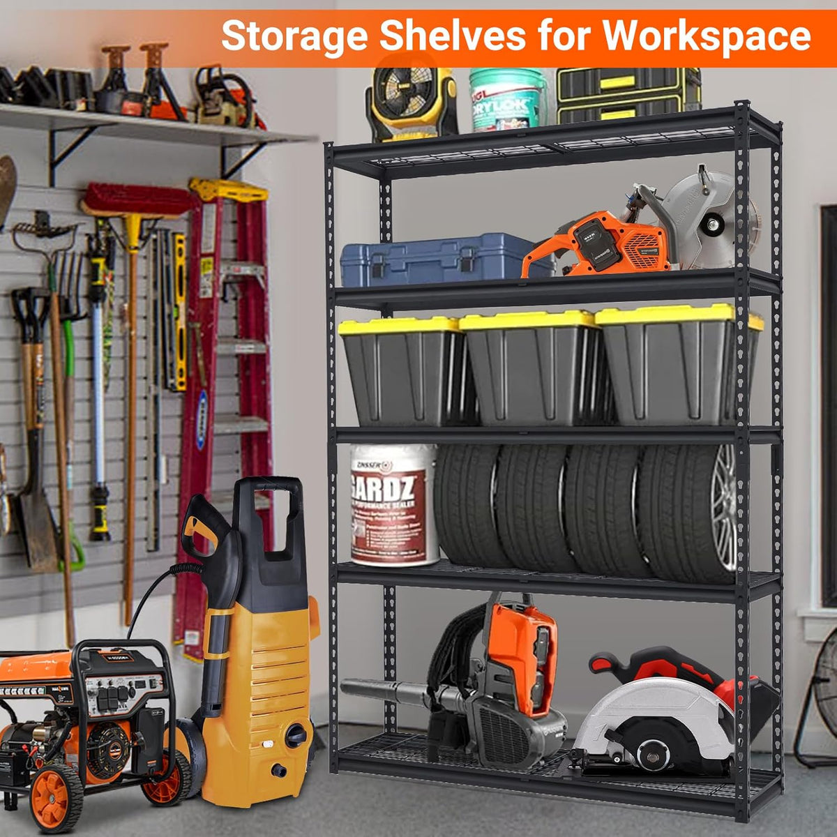 2500 LBS Storage Shelves, 5 Tier Garage Shelving, Heavy Duty, Adjustable Metal Shelving Unit, Industrial Utility Shelf Rack for Garage, Basement, Pantry, 72" H x 48" W x 18" D, Black