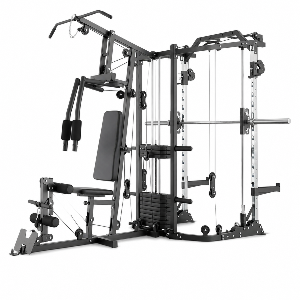Smith Machine Power Cage, Multi-Function Home Gym System with Cable Crossover, 121LB Weight Stack