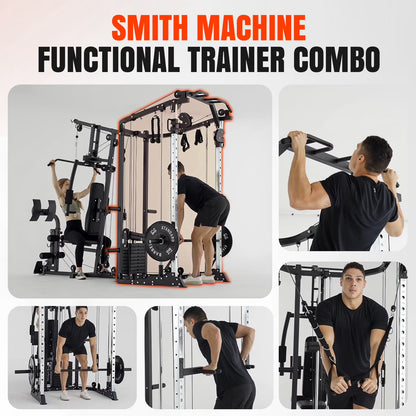 Smith Machine Power Cage, Multi-Function Home Gym System with Cable Crossover, 121LB Weight Stack