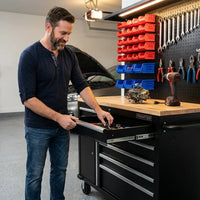 Heavy-Duty 62 In. W X 22 In. D 10-Drawer Black Tool Chest Mobile Workbench Cabinet with Pegboard Back Wall — Lifestyle