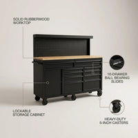 Heavy-Duty 62 In. W X 22 In. D 10-Drawer Black Tool Chest Mobile Workbench Cabinet with Pegboard Back Wall — Feature Infographic